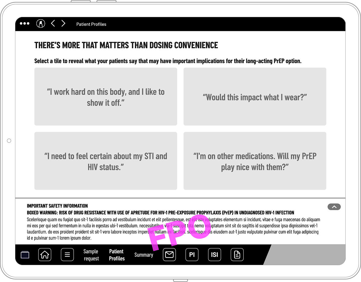 Initial tile-select screen presenting four patient concerns about long-acting PrEP