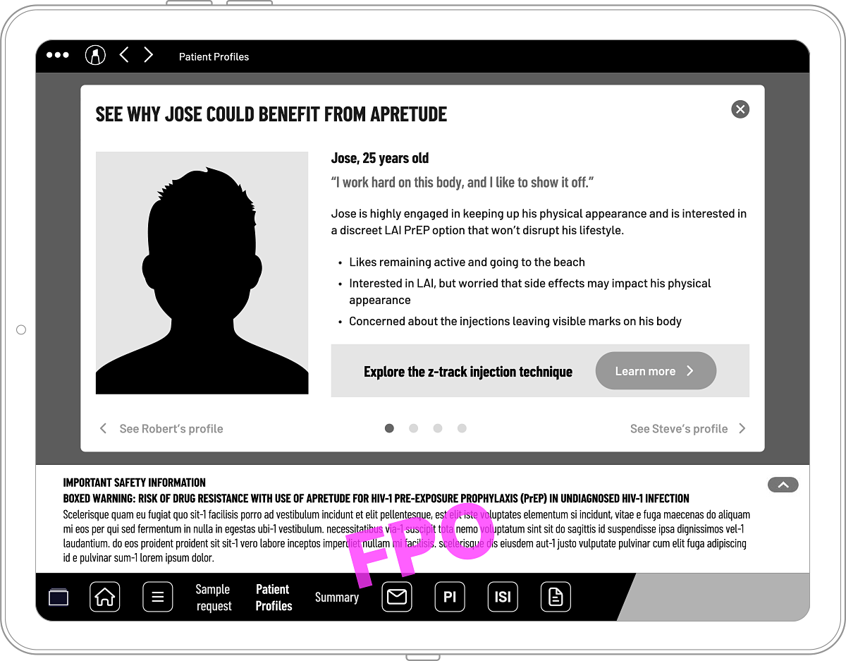 Jose's patient profile, concerned about visible injection-site marks affecting his active lifestyle