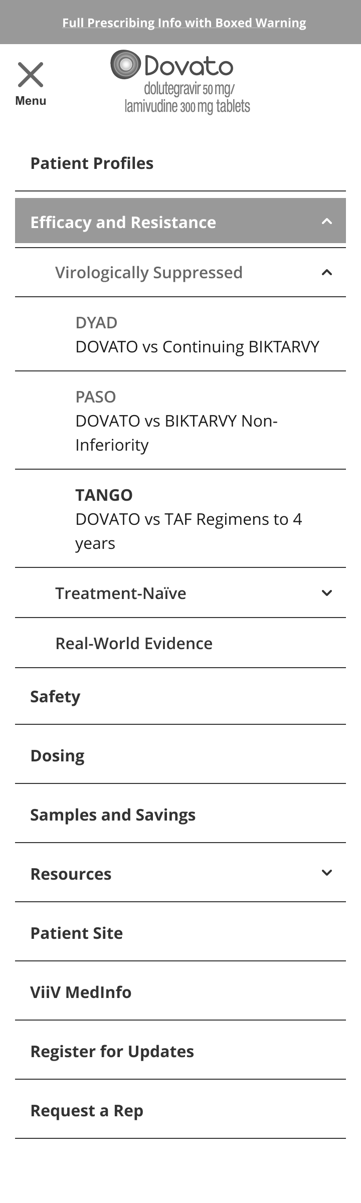 Full-length mobile wireframe of the DOVATO HCP hamburger menu, with the Efficacy and Resistance accordion expanded